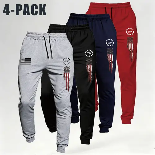 Men’s 1776 American Flag Print Athletic Cuffed Joggers - Breathable Polyester Drawstring Sports Pants, Street Casual Sporty Loose Cut Workout Bottoms