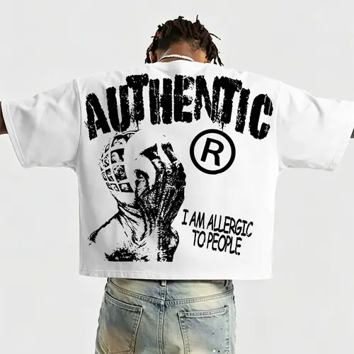 Men's Loose Short Sleeve T-Shirt, Retro Mask Portrait Graphic Print, American Streetwear Style, Menswear