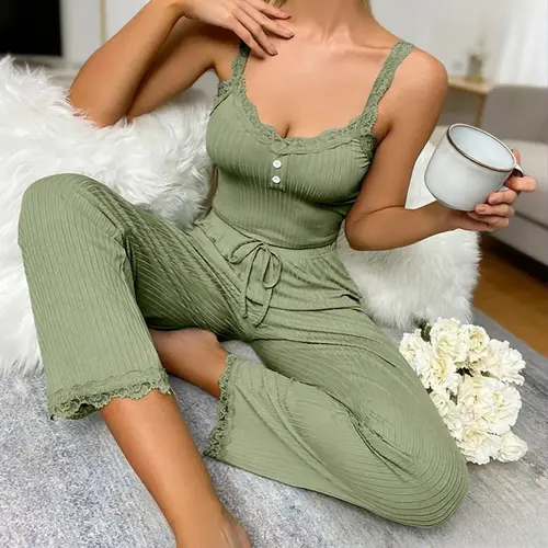 Women's 2-Piece Clothes Set - Sleeveless Lace Trim Camisole Top & Long Pants Basic Pajama Set Loungewear Nightwear, Two Piece Sets, 2 Pcs Set,clothes for back to school,first day of school outfits