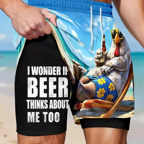 Men's Dual-Layer Compressed Inner Gradient Shorts, Fun Sunglasses Rooster Beer Slogan Beach Print Quick-Dry Surf Shorts, Summer Running Shorts, Casual Graphic Shorts, Cartoon Graphic Shorts, Funny Sports Shorts