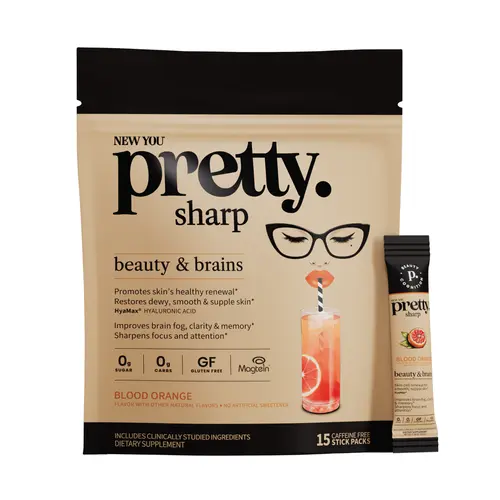 NEW YOU pretty sharp Beauty & Brains Supplement Powder Stick Pack – Skin Hydration + Cognitive Support. Hyamax & Hyaluronic Acid, Magnesium L-Threonate & Neuro Vitamins–Blood Orange–0 Cal, 0 Sugar