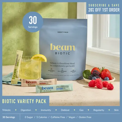 Beam Biotic Dietary Blend Variety Pack - 30 Caffeine-Free Tri-Biotics Single-Serve Sticks, Gut Support, Gut Balance, Bloating Relief (Blue Raspberry, Mixed Berry, Citrus Lemonade) | Back to school