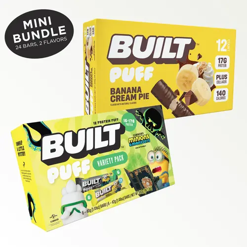 Official BUILT Bar, Minions & Monsters, Puff Protein Bar, Snack, Mini Megalive Bundle, 16g-17g Protein, 140-150 Calories, Collagen, Soft, Marshmallow-y Texture, 24 Count of Bars