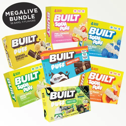 Official BUILT Bar, MEGALIVE Bundle Puff Protein Bar Snack Pack, 16g-17g Protein, 140-150 Calories, Collagen, Soft, Marshmallow-y Texture, 12 Count Box