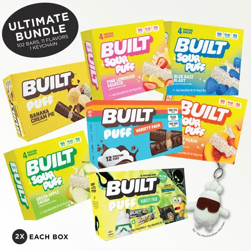 Official BUILT Bar, Megalive Ultimate Bundle Puff Protein Bar Snack Pack, 15g-17g Protein, 140-150 Calories, Collagen, Soft, Marshmallow-y Texture, 12 Count Box