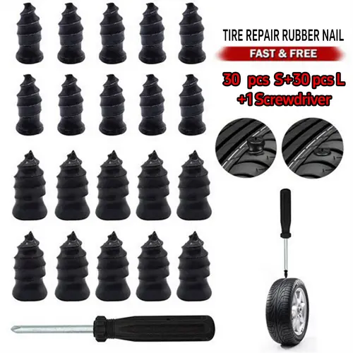 Tire Repair Kits - 30PCS/60PCS Dual-Size Nail Kit with 1 Screwdriver, Self-Service Vacuum Rubber Nails for Cars/Trucks, Small/Big Size Fit, Seal Thick Screw Holes Fast Puncture Repair Supplies, Small Nail For Thin