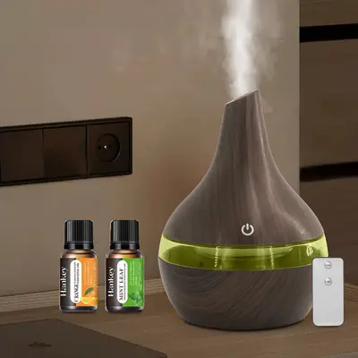 300ml USB Humidifier & Essential Oil Hair Diffuser, Wood Grain Design Cool Mist, Home Office Desktop Aromatherapy Machine with 2 Aroma Oils