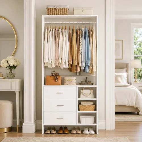 Wooden Wardrobe Closet with 3 Drawers - Heavy-Duty Dresser Alternative, Modern Wooden Armoires, Renter-Friendly Stand Alone Wardrobe, Bedroom Storage Organizer