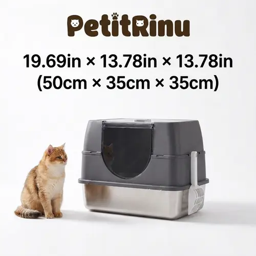 Stainless Steel Litter Box Enclosure with Lid for Small & Medium Indoor Cats Up to 15lbs - 180° Flip Access, Odor Control, Non-Stick, Easy Clean, Anti-Splash High Sides, Less Litter Track, Includes Scoop
