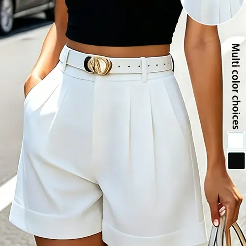 Women's Elegant Chic Casual Minimalist Plain Shorts, High Waist Loose-Fit, Pocket Design, All Seasons, Smooth Fabric, No Belt, Bottom
