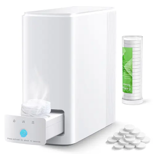 Smart Hot Face Towel Warmer Machine - 5-Second Fast Heating Automatic Dispenser, 55°C (131°F) Constant Temperature Control, 500ml Water Tank, Compact Design, Includes 20 Disposable Compressed Towels, for Spas Bedrooms Home Use #