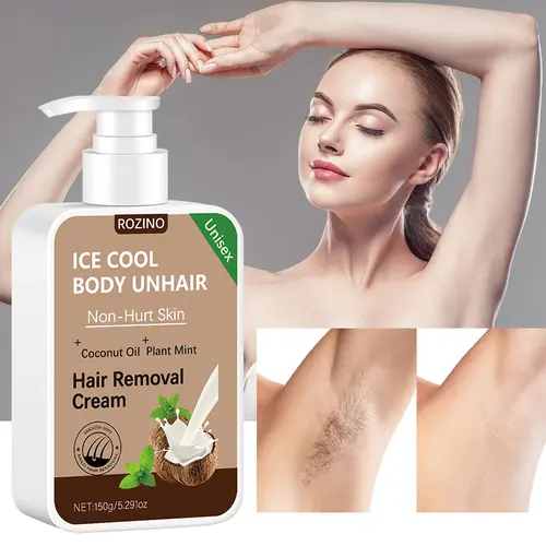 ROZINO Plant-Infused Coconut Oil & Mint Hair Removal Cream - Gentle, Non-Irritating Unisex Cosmetic for Body Care (Arms, Legs, Bikini) - Ice Cool Sensation, Smooth Skin - 150g/5.291oz,back to school, Moisturize