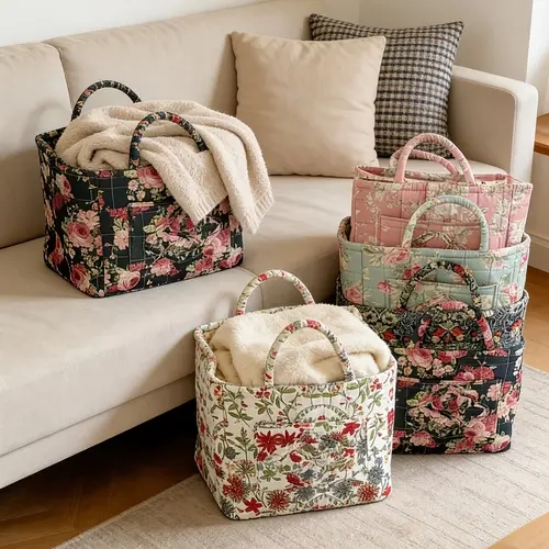 Quilted Floral-Print Camping Organizer Basket, Retro Pink Peony High-Capacity Storage Bin, Large Portable Sturdy Home Decor Organizer for TikTok Shop Back to School, Organizer Storage, Hammock Gear Storage