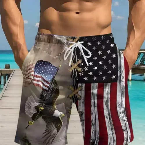 American Flag & Eagle Pattern Men's Beach Shorts, Casual Drawstring Waist Swim Shorts, Quick-Dry Summer Shorts, Fashion All-Over Print Swim Trunks, Printed Swim Bottoms, Comfy Swim Shorts, Graphic Swim Trunks, Shorts Swimwear