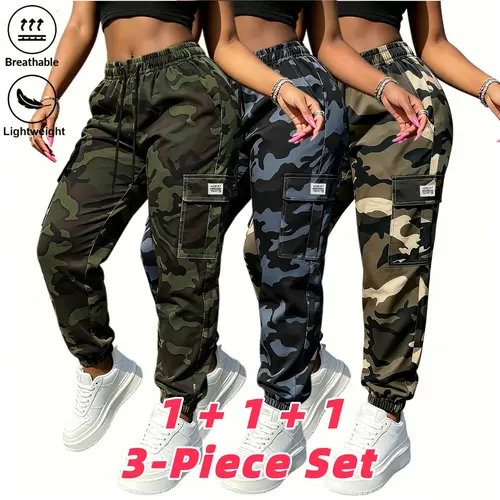 Women's Camouflage Sports Pants, Casual Outdoor Jogging Breathable Fitness Pants, Hiking Camping Multi Pocket, Elastic Waist Drawstring Design, Women's Work Pants 3pc Women's Clothing