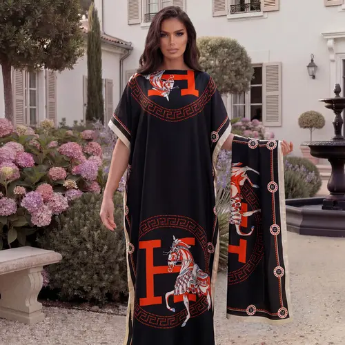 Elegant Animal-Print Shawl Set, Faux-Silk Long Dress Cape and Sun-Protection Scarf, Women’s Casual Boho Elegant Beachwear Cover-Up for Summer and All-Season Casual Style, Boho Casual Fashion