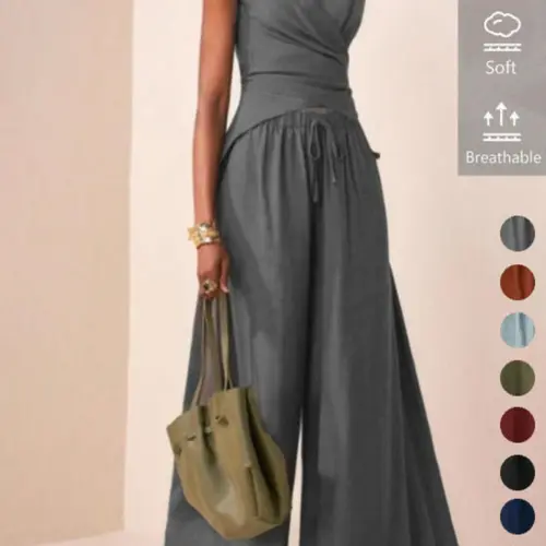 Women's Viscose Soft Breathable Waist Cinch Tie Back Bodycon Top & Loose-Fitting Wide-Leg Pants Set, Casual Outfit for All Seasons, Solid Color