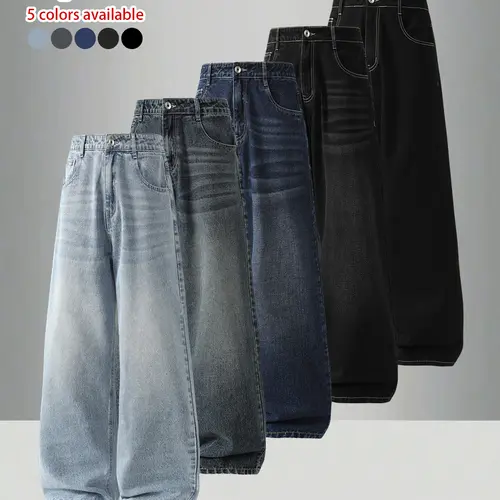 Pack of 3 men’s vintage washed jeans—cotton distressed design, loose fit, comfortable and skin-friendly long pants. Streetwear fashion for spring/autumn, casual and versatile men’s denim long pants for everyday wear.