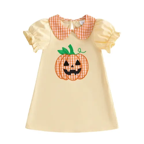 Toddler Baby Little Girls Halloween Dress Pumpkin Embroidery Doll Collar Short Sleeve Dress Summer Clothes 1-7 Years