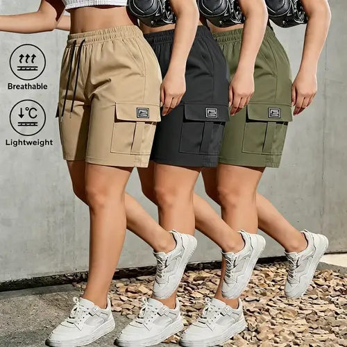 3-Pack Women’s Outdoor Cargo Shorts, Breathable Quick-Dry, Elastic Waist with Drawstring, Multiple Pockets, Knee-Length backtoschool