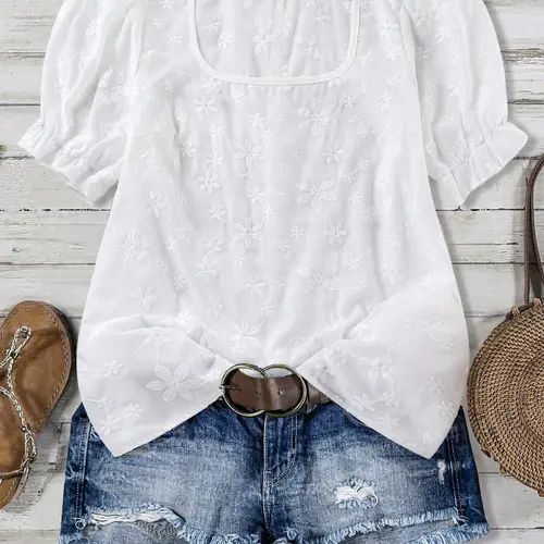 Women's Plus Size Eyelet Embroidered Embroidery Top Square Neck Puff Sleeve Sheer Lightweight Breathable Floral Blouse Shirts Casual Summer Boho Bohemian Outfits Trendy