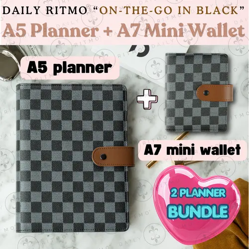 DAILY RITMO “On-the-Go in BLACK” Bundle – Checkered A5 Planner & A7 Mini Wallet Binder Combo, Planner Notebook, Daily To Do List Notepad, Notebook Set, Pu, Cohesive Look, 6-Ring Planner