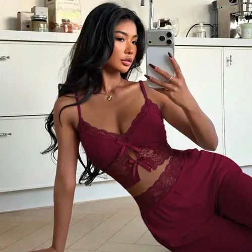 Women's Lace Camisole Pajama Set, Two-Piece Sleeveless Sleepwear, Comfortable Slim-Fit Lounge, Fashionable Daily Wear, Loungewear