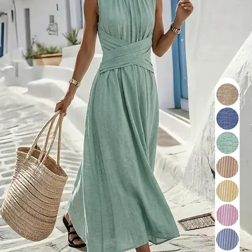 (The fabric is relatively thin, Lightweight and the size is a bit large) Sleeveless Round Neck Vacation Dress, Relaxed Style, Simple Elegant Look, Long Beach Dress, Summer Travel Dress, Daily Casual Plain Dress, Casual Wear Ff2632