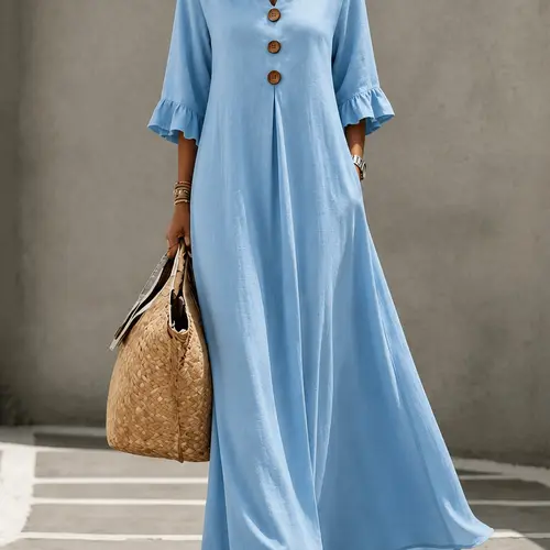 Women's Boho Aesthetic Style Solid V-Neck Dress with Wooden Buttons and Ruffle Sleeves, Loose-Fit A-Line Skirt, Fall & Winter Casual Wear