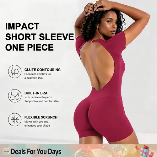 [SIZE UP 1] DEEFY Impact Short Sleeve One Piece Women Soft Padded Bralette Tummy Control Butt Lifting Gym Workout Yoga One Piece Activewear Bodysuits [STRONG COMPRESSED]