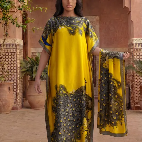 Elegant Faux Silk Animal Print Shawl Set, Kaftan Long Maxi Dress & Scarf, Beach Sun Protection, Casual Fitted Style