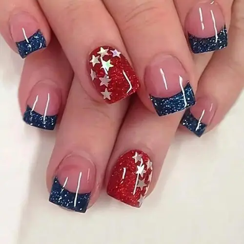24Pcs Short Ice Candy Apple Press On Nails, Glossy Glitter American Flag Nail Art, Trendy Style for Independence Day, Women & Girls