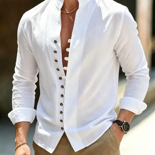 Men’s solid-color linen shirt with stand collar, minimalist artistic style, casual long sleeves