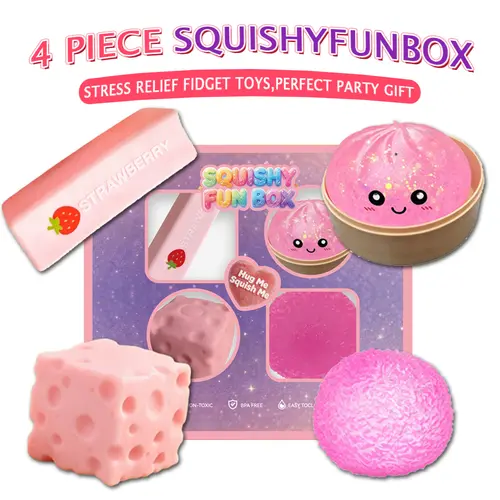 Summerwins 4-Pack Pink Series Soft Silicone Squishy Fidget Toys, Mixed Slow Rising & Fast Rebound, Assorted Shapes, Kids Toys for Thanksgiving & Father’s Day, Relaxing & Cool Gifts for Kids