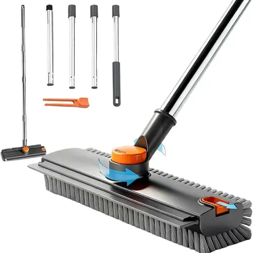 3-in-1 Floor Scrub Bathtub Brush with Long Handle, 360° Rotatable Heavy-Duty Stiff Bristles & Squeegee, Scrape & Scrub for Shower, Bathroom, Patio, Garage, Kitchen, Wall & Deck, Home Cleaning Essentials Scrubber care supply