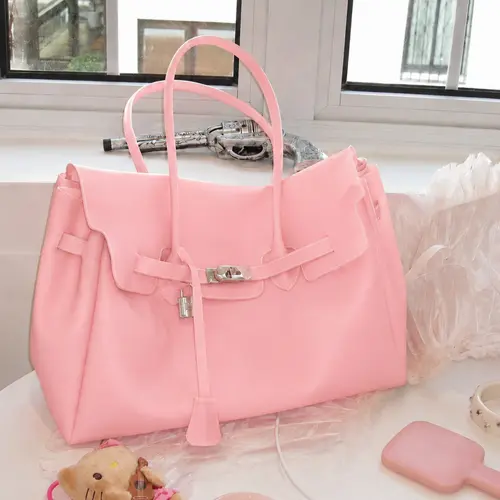 Women’s Glossy Jelly Tote Bag, Large Capacity Shoulder Purse with Lock Buckle, Cute Fashion Work Handbag, Casual Shopping Tote for Daily Use