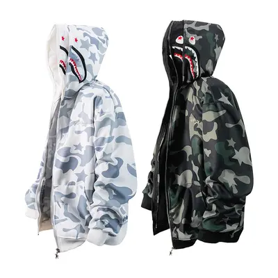 Unisex American High Street Double Hood Camo Shark Zip Up Hoodie, Fleece Lined Thickened Embroidered Cardigan, Loose Hip Hop Original Chinese Streetwear Couple Coat for Autumn Winter