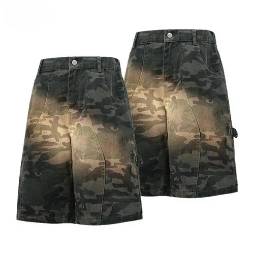 Men's 2-Pack Denim Shorts - Extra Baggy, Loose Fit, Retro Style Male Clothing with Camouflage & Gradient Unique Designs, Summer Casual Streetwear Polyester M Shorts
