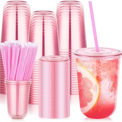 50-Pack 16 oz Lightweight Pink Pre-Packed Disposable Plastic Drink Cups with Lids and Straws, Round Bottom Iced Coffee Cups for Birthday, Christmas Parties, Yogurt Parfaits