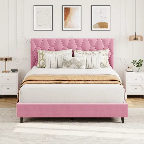Stylish Pink Upholstered Bed – Adjustable Headboard – Heavy Duty Wood Slat Support – Noise-Free – No Box Spring Needed – Perfect for Modern Bedroom, Teen Room, or Guest Bedroom  King/Queen/TWIN/Full apartment furniture,dorm essentials,home decor