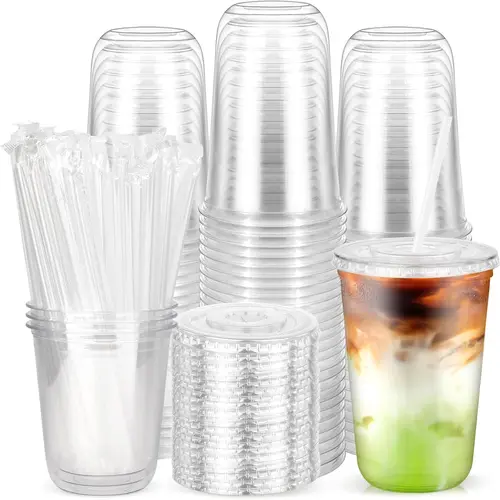 50PCS 16 oz BPA-Free Disposable Plastic Drink Cups Pack with Flat Leak-Proof Lids, Transparent Straws, Round Bottom - Disposable Drinkware for To-Go Iced Coffee, Smoothies