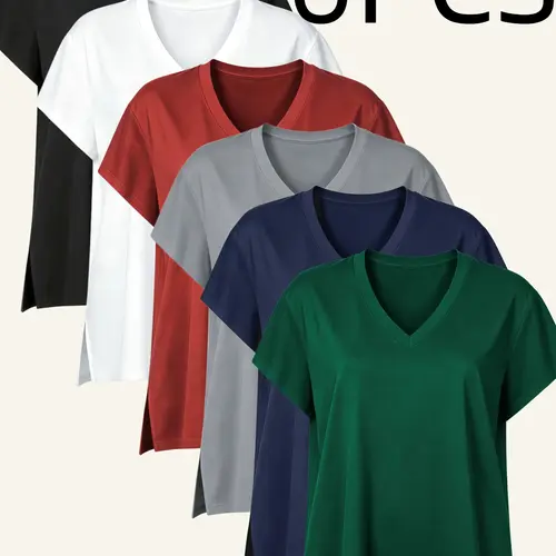 OKP Women's Basic 6-Pcs Short-Sleeve V-Neck T-Shirts - Spandex, Stretchy, Breathable, High-Low Loose Fit, Split Hem, Sporty Chic Style, Women's Fashion Basic Tops for Summer