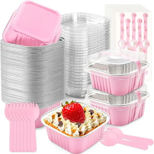 5oz Square Disposable Aluminum Foil Mini Loaf Pans Set (30 Pcs) - Oven-Safe Bakeware with Lids, Utensils, 280°C Bake Ready, Foil Shape Holds Well in Hot or Cold for Cake, Birthday Party Home Baking Supplies