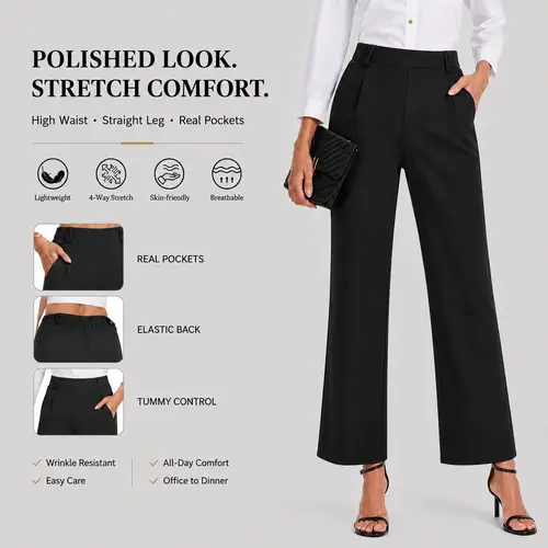DLOODA Women's High-Waisted Straight Leg Slacks - Pull-On Fitted Pants for Women with Pockets, Office Work Clothes, Business Casual Attire, Business Casual Pants, Straight Pants