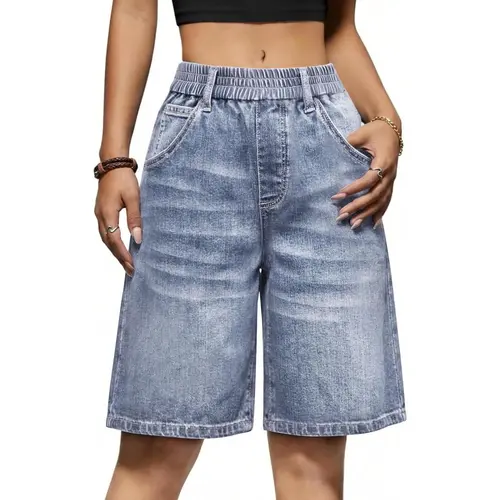 Yousify Womens Bermuda Jean Shorts Elastic Waisted Trendy Denim Jorts Knee Length Loose Fit Short Shorts