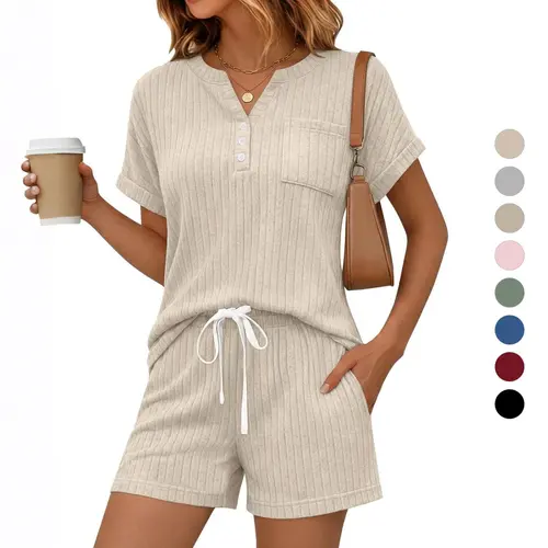 Women's 2-Piece Ribbed Knit Pajama Set - Henley Short Sleeve Top & Pocket Shorts Nightwear, Casual Loungewear Goals Women's Clothes