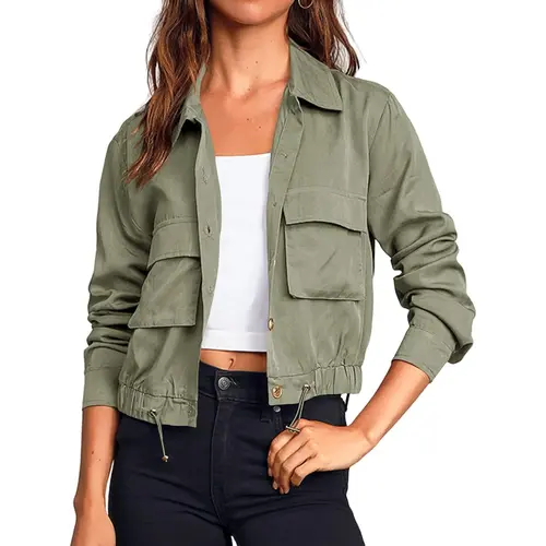 Women's Military Safari Cropped Long Sleeve Button-Down Lightweight Oversized Utility Anorak Outerwear Jacket with Pockets, Casual Tops Clothes for Daily Wear,summerwins,summeroutfits,vacationoutfits,beachoutfits,back to school,back to school shopping