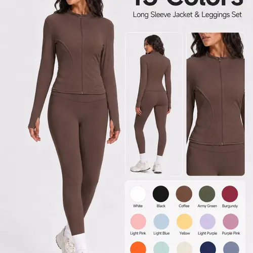 Women's Two-Piece Sportswear Set, Thumb Hole Zipper Long Sleeve Jacket + High-Waist Tight Pants, Soft Elastic Workout for Yoga, Fitness, Running, OOTD, High-Elastic Activewear, Gym Yoga Outfits