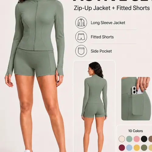 Women's Two-Piece Sports Set, Long Sleeve Zipper Jacket with Side Pockets, High-Waisted Cycling Shorts, Elastic Sportswear for Yoga, Fitness, Daily Wear, Sport Knit Set, Gym Workout Set, All Season Activewear, Fitness Outfits