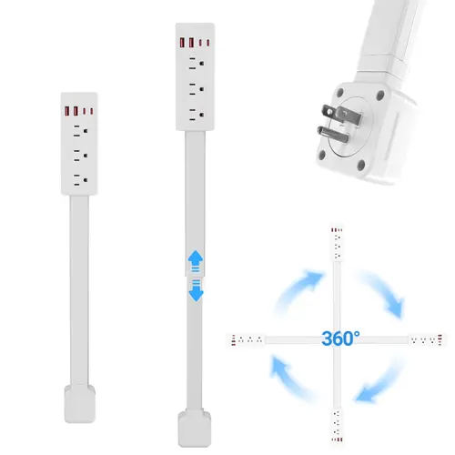 Fire-Resist Multi Plug Extender, Adjustable Power Outlets - 3 AC Sockets, 2 USB-A, 2 USB-C Interfaces, 19.69in-27.69in Telescopic Length, 360° Rotating Wall Plug Extension Outlet for Inaccessible Sofa-Back Areas